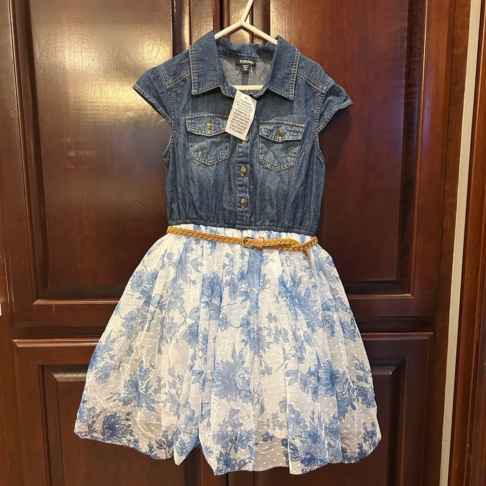 Zunie NWT Denim Floral Dress Belted Chambray Chiffon Girls Size 10